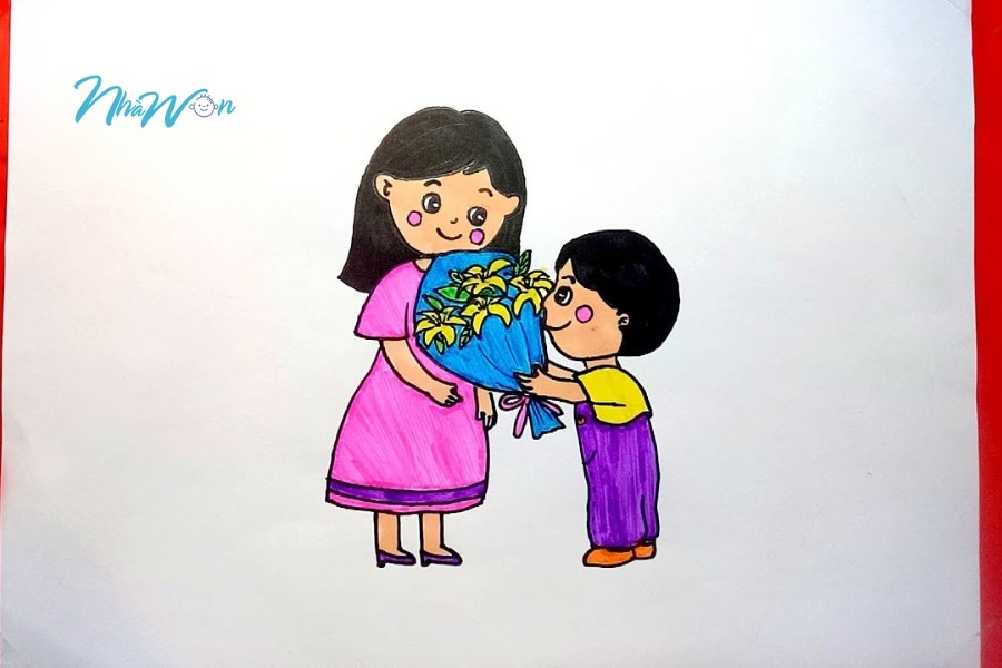 Tranh tô màu bé tặng hoa cho mẹ - Món quà ngọt ngào từ nét bút đầu đời