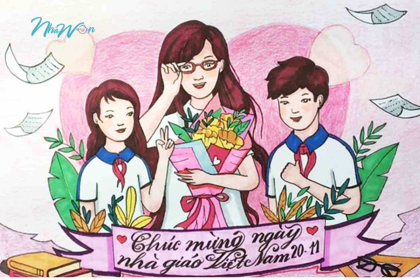 In tranh tô màu tặng hoa và cô giáo