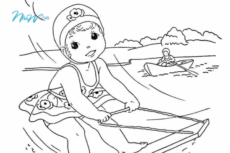 Tải bộ tranh tô màu bé đi tắm biển