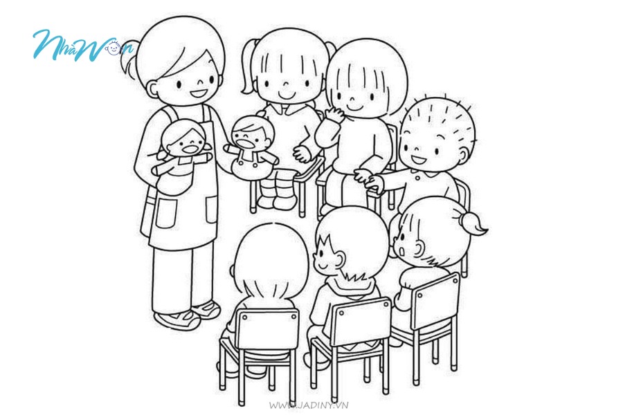 Tranh tô màu cô giáo và học sinh